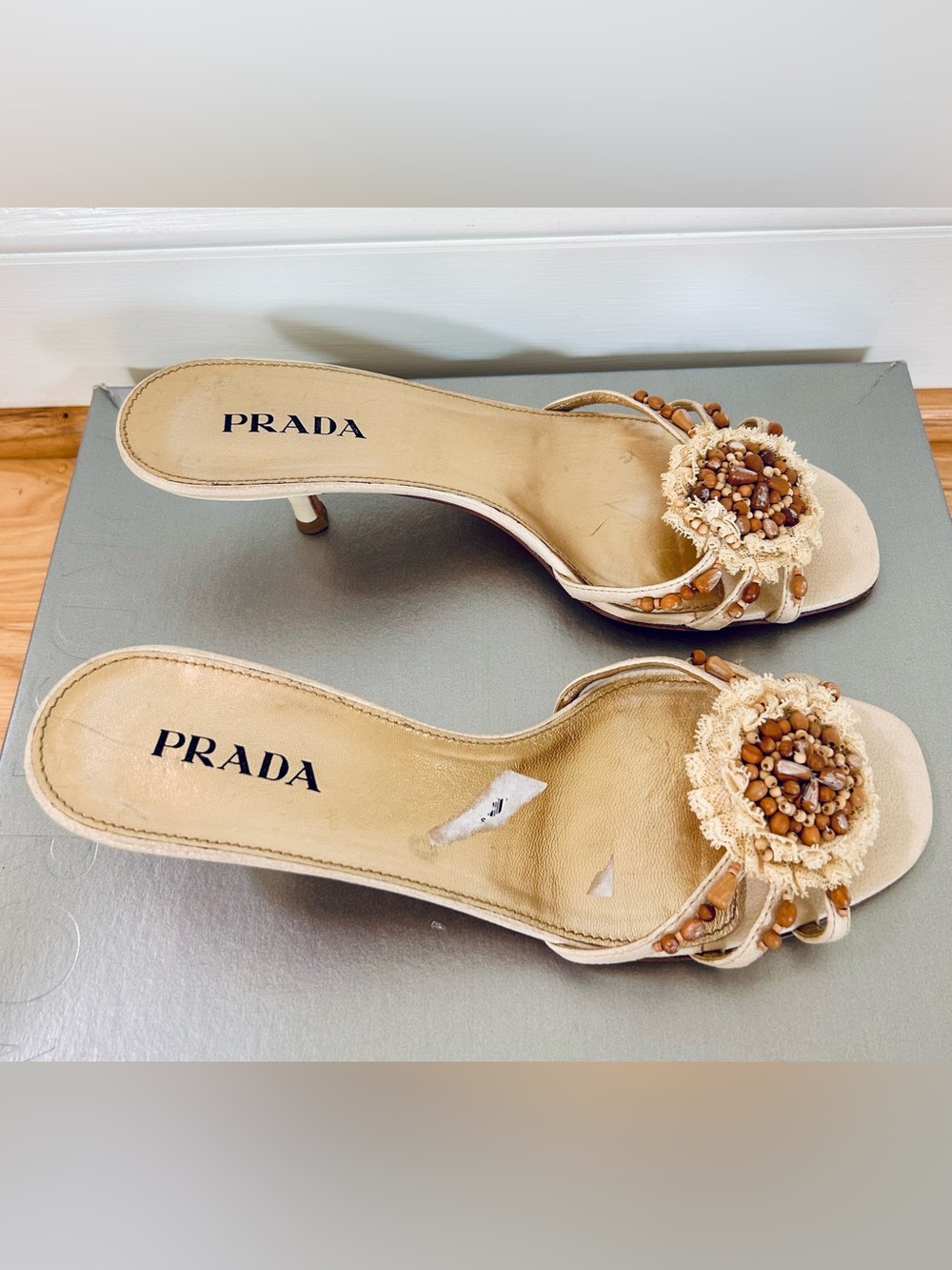 Prada Women's Cream Crochet Lace & Beaded Slide Kitten Heels | 2000s - Picture 3 of 10